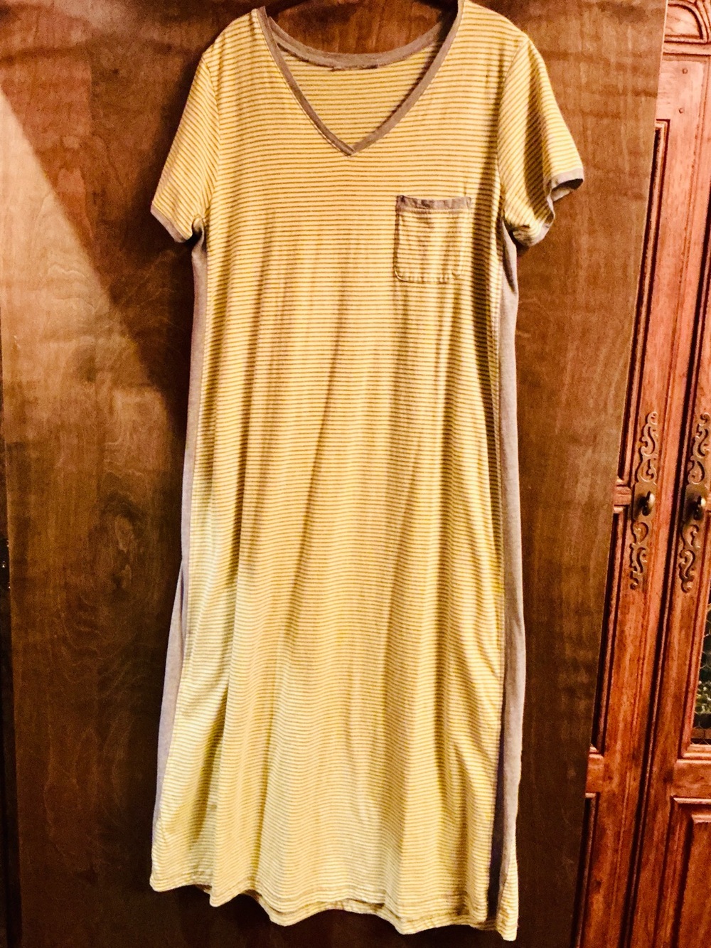 Women's Yellow Stripe V-Neck Sleep Dress with Contrast Trim